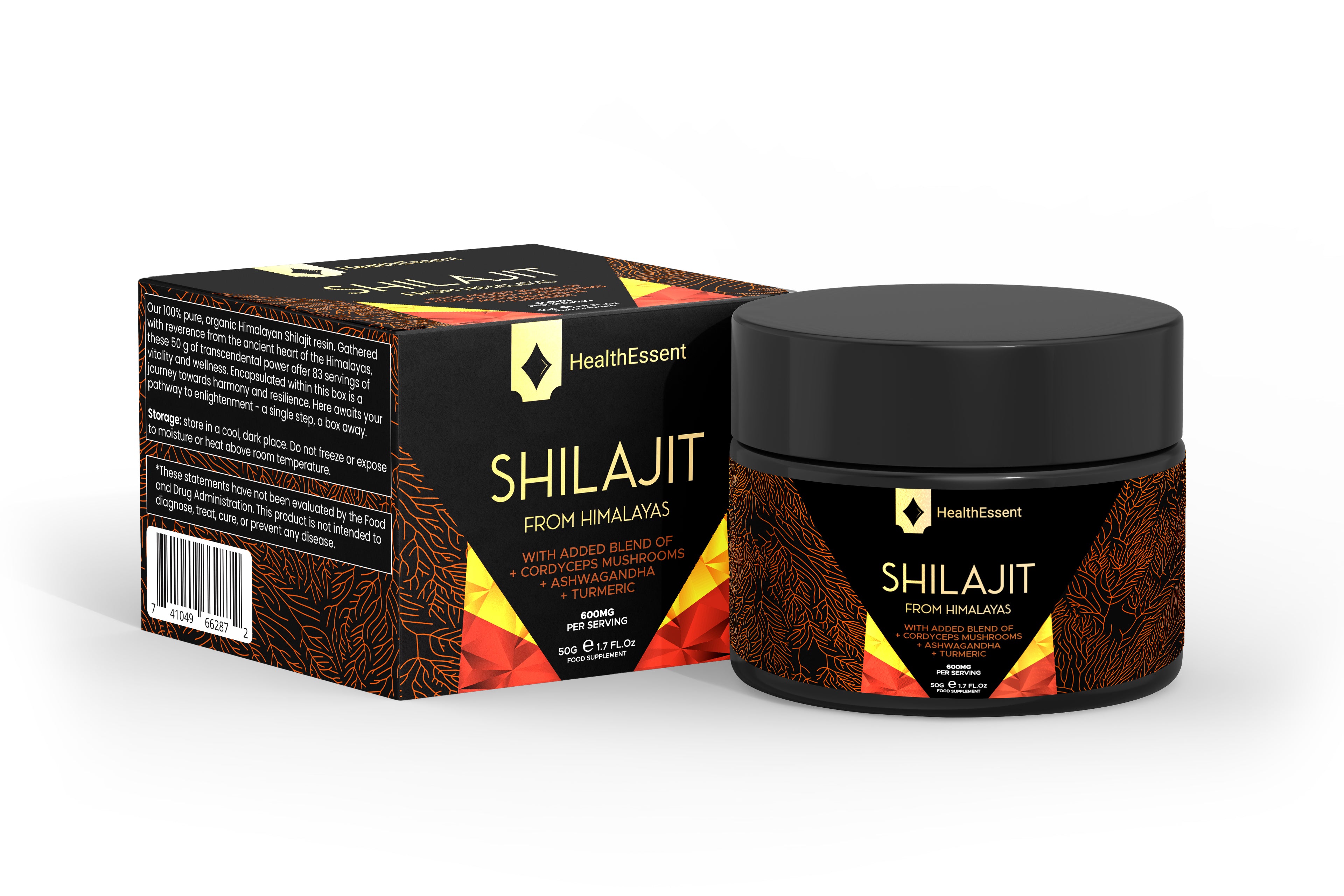 Shilajit Organic with Cordyceps Mushrooms, Ashwagandha & Turmeric, Shilajit Resin Pure Organic Himalayan with Added Blend by HealthEssent - 50g