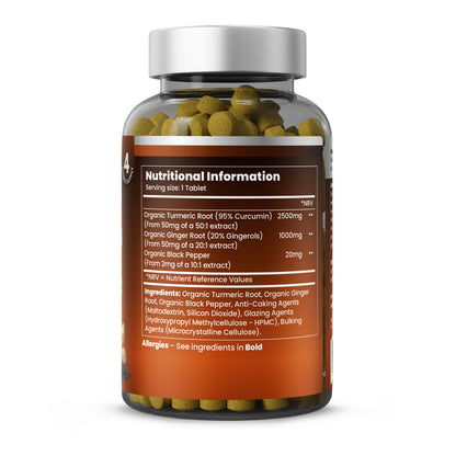 Turmeric Curcumin Ginger supplement usage instructions and safety information - take 1 tablet daily with food, GMP certified, suitable for vegans