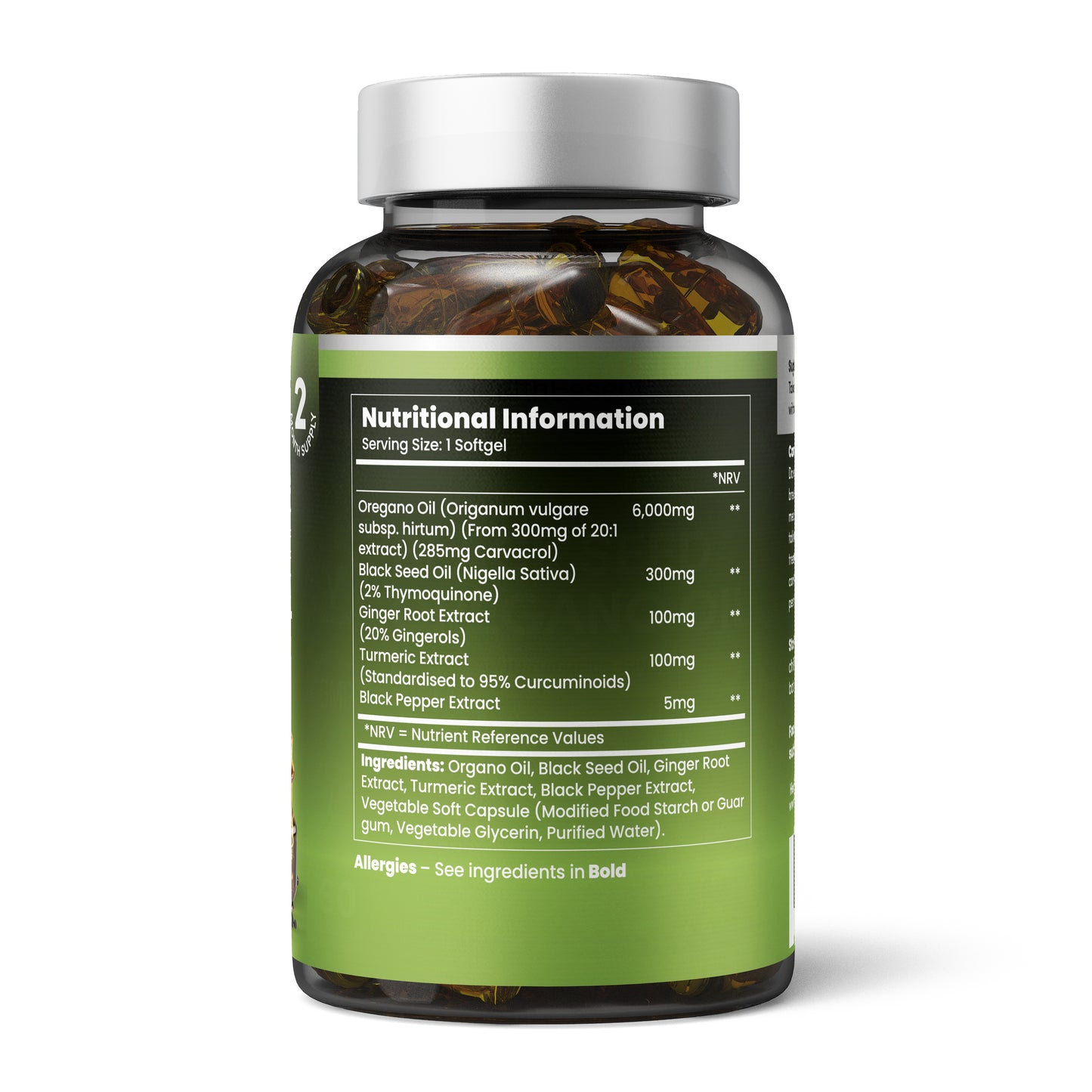 Bioavailability enhancement: Black pepper extract (piperine) increases curcumin absorption by 2000% (20-fold). Oil-based softgel delivery ensures 7-8x higher blood levels vs. powder capsules. Fat-soluble compounds (oregano oil, black seed oil, curcumin) optimally absorbed in oil matrix