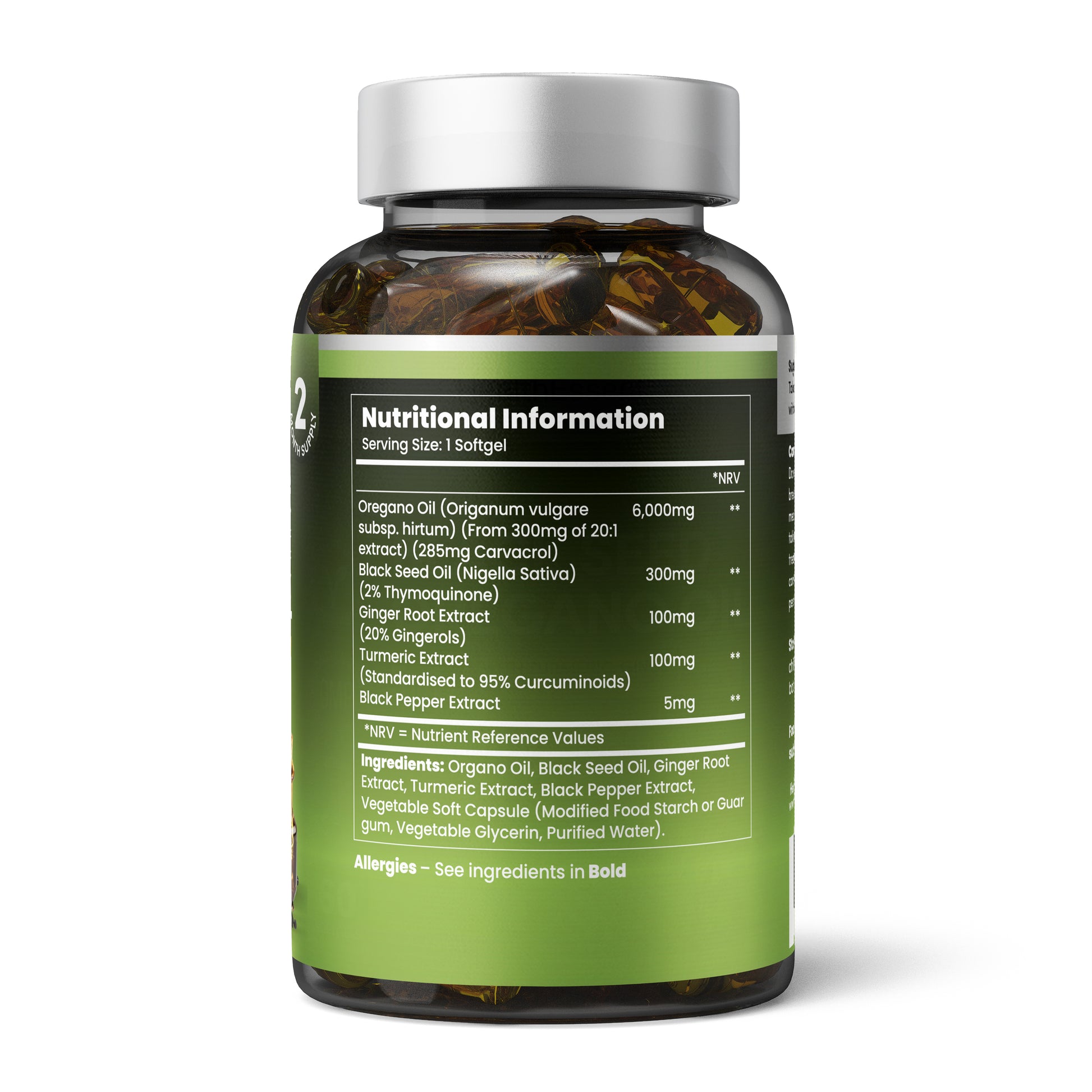 Bioavailability enhancement: Black pepper extract (piperine) increases curcumin absorption by 2000% (20-fold). Oil-based softgel delivery ensures 7-8x higher blood levels vs. powder capsules. Fat-soluble compounds (oregano oil, black seed oil, curcumin) optimally absorbed in oil matrix