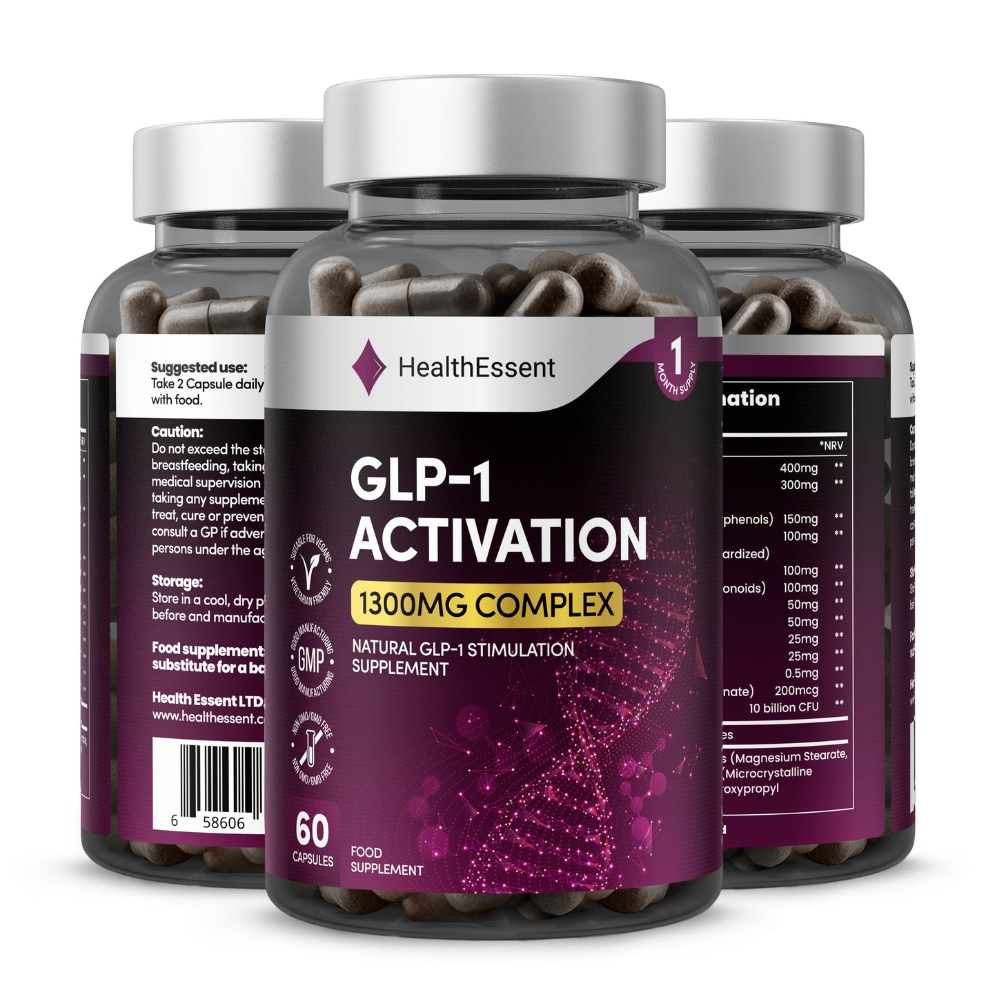 GLP-1 Activation nutritional information panel showing 1300mg complex with 400mg hops flower, 300mg gymnema sylvestre, 150mg green tea extract, 100mg eriocitrine, 100mg hesperidin, chromium picolinate, Lactobacillus reuteri probiotic, 13 ingredients