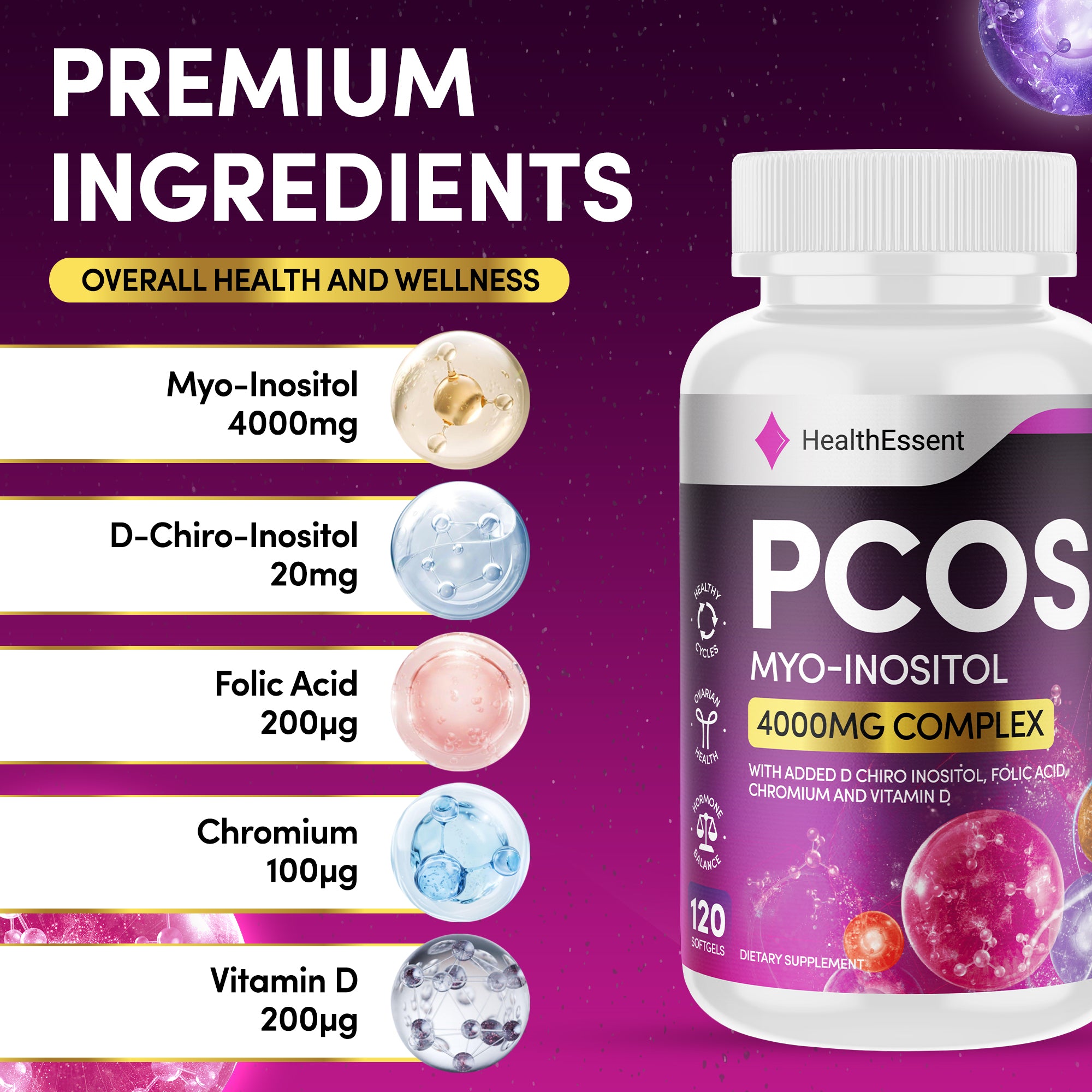 Myo Inositol PCOS Supplements, High Strength Complex for Women - with added D Chiro Inositol, Folic Acid, Chromium and Vitamin D, (Not Inositol Tablets), Hormone Balance for Women –120 Softgels