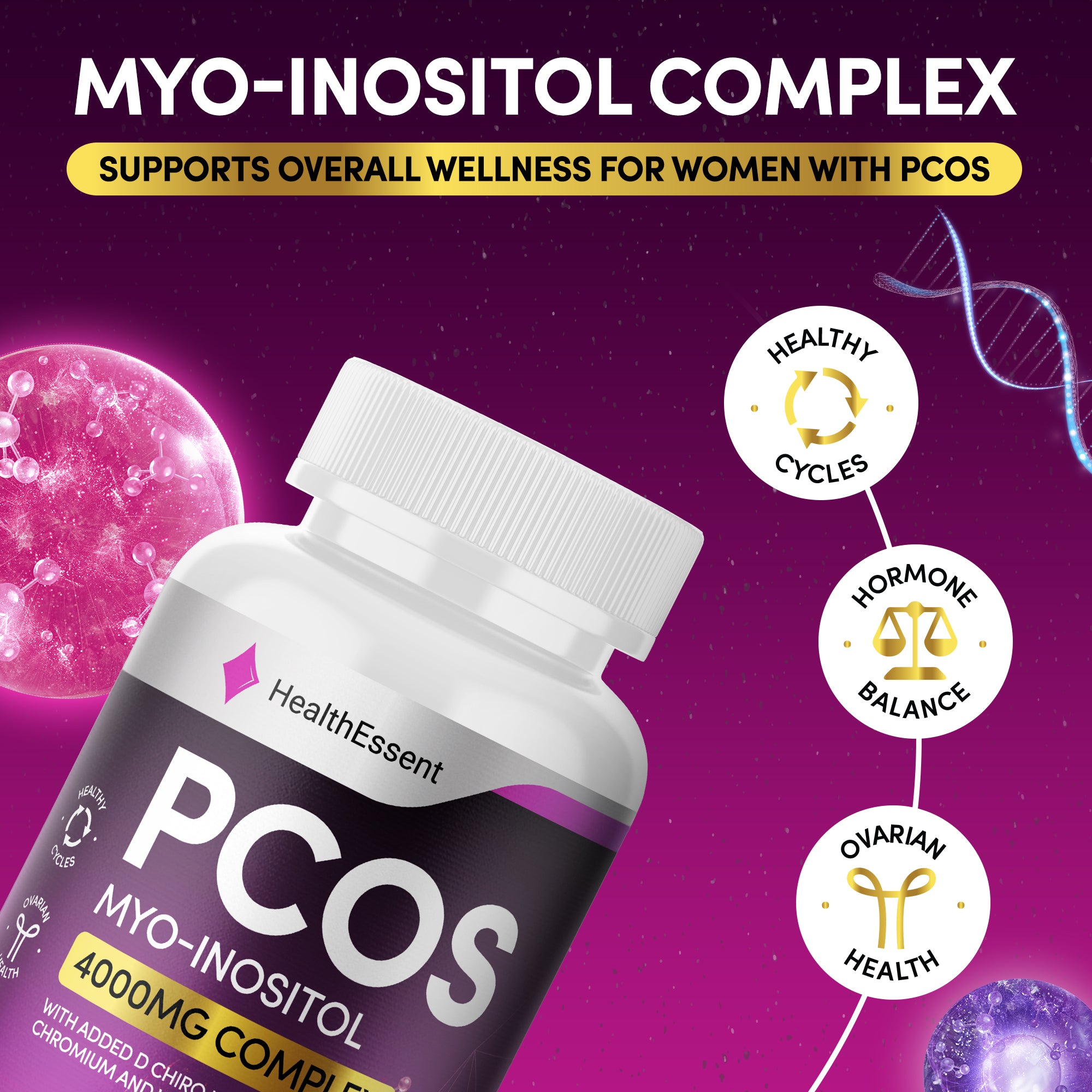 Myo Inositol PCOS Supplements, High Strength Complex for Women - with added D Chiro Inositol, Folic Acid, Chromium and Vitamin D, (Not Inositol Tablets), Hormone Balance for Women –120 Softgels