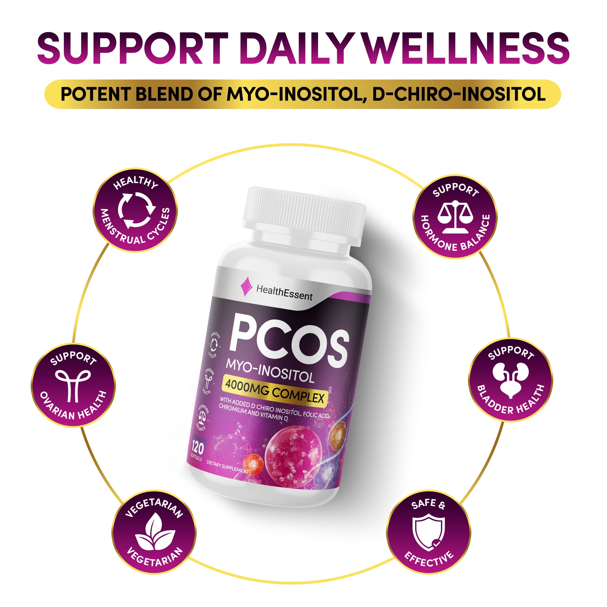 Myo Inositol PCOS Supplements, High Strength Complex for Women - with added D Chiro Inositol, Folic Acid, Chromium and Vitamin D, (Not Inositol Tablets), Hormone Balance for Women –120 Softgels