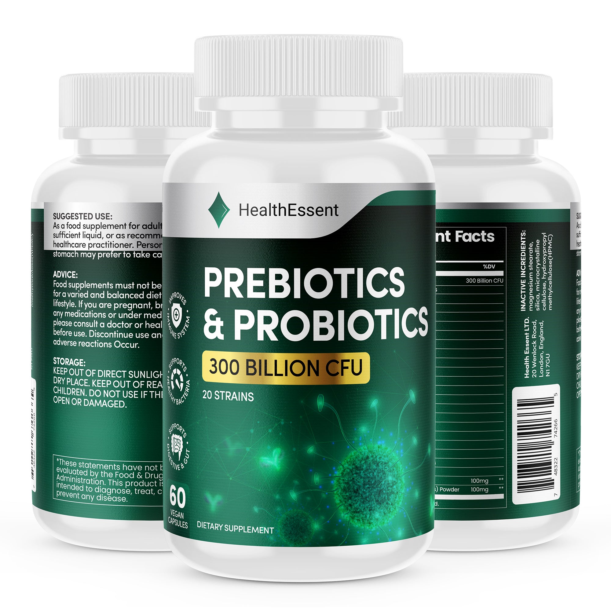 300 Billion CFU Prebiotic and Probiotic Supplements, Help Balance Gut Flora, Relieve Bloating, Promote Regularity, Probiotics for Women & Men – 60 Capsules by HealthEssent