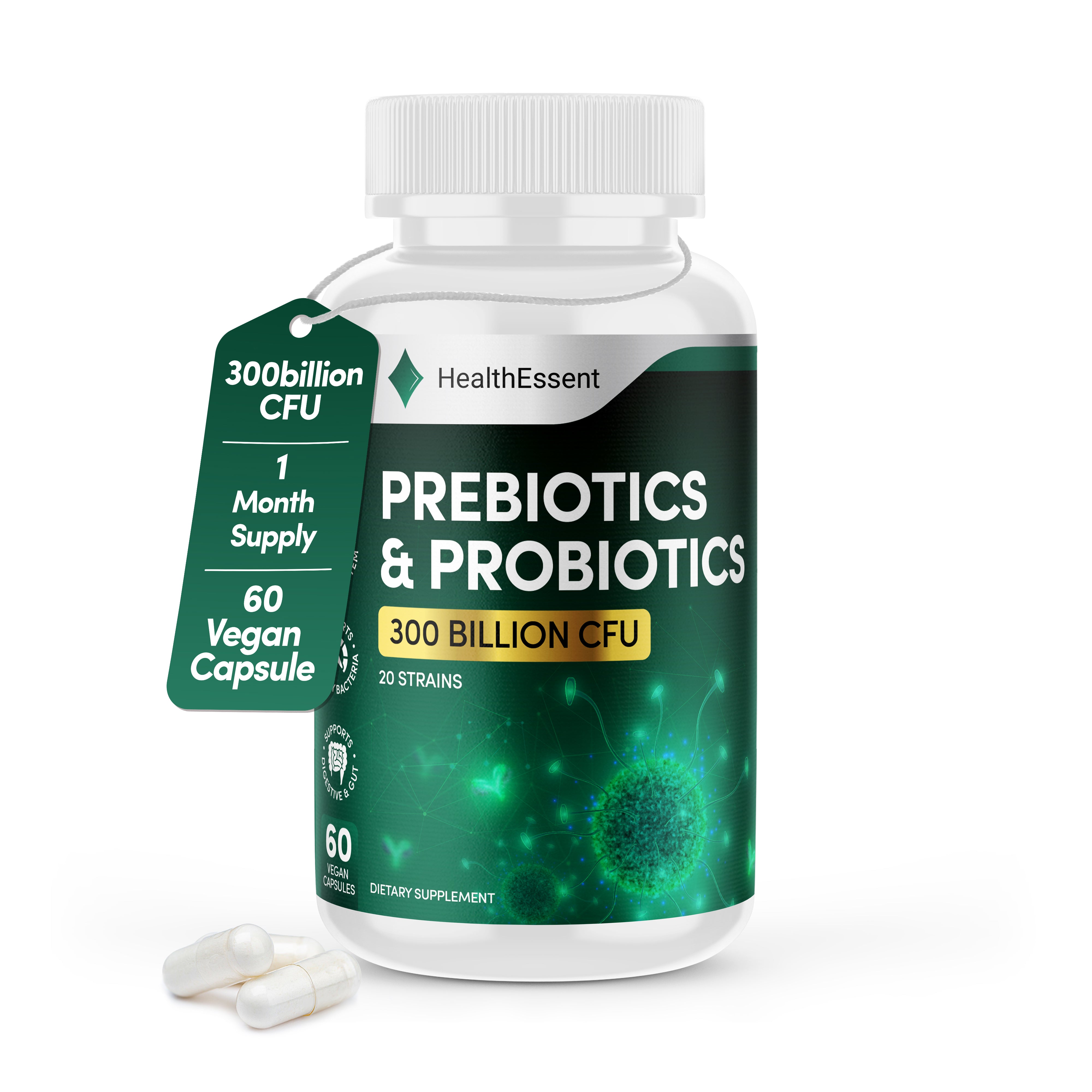 300 Billion CFU Prebiotic and Probiotic Supplements, Help Balance Gut Flora, Relieve Bloating, Promote Regularity, Probiotics for Women & Men – 60 Capsules by HealthEssent