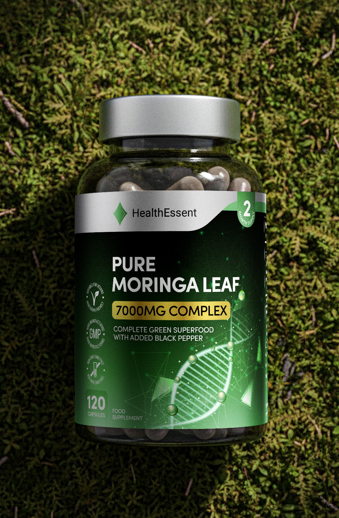 HealthEssent Moringa Leaf 7000mg Complex flat lay with capsules, showing dual-form green superfood supplement for complete nutrition