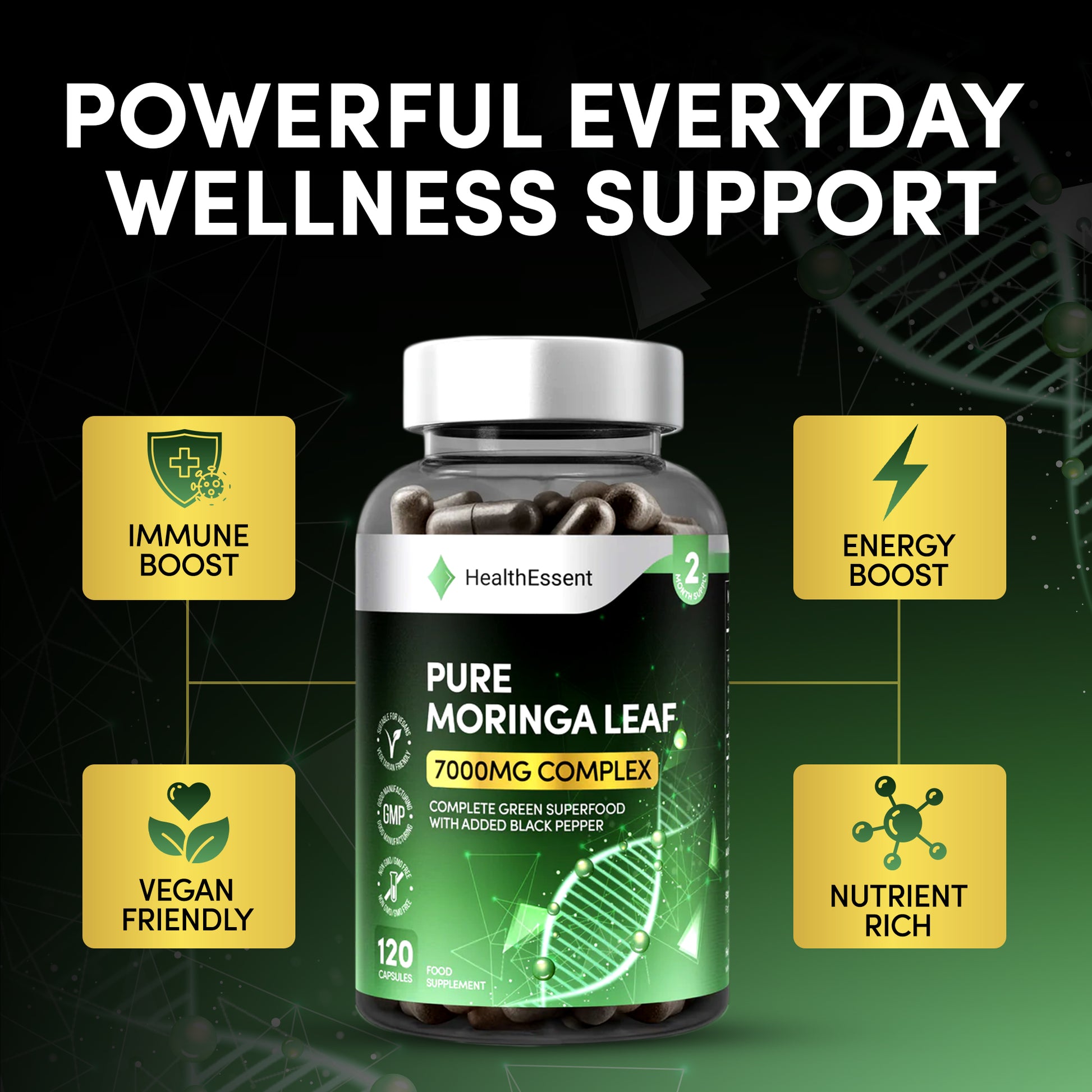 Infographic showing dual-form moringa benefits: 20:1 extract for concentrated bioactives plus whole powder for complete nutrition, enhanced with black pepper