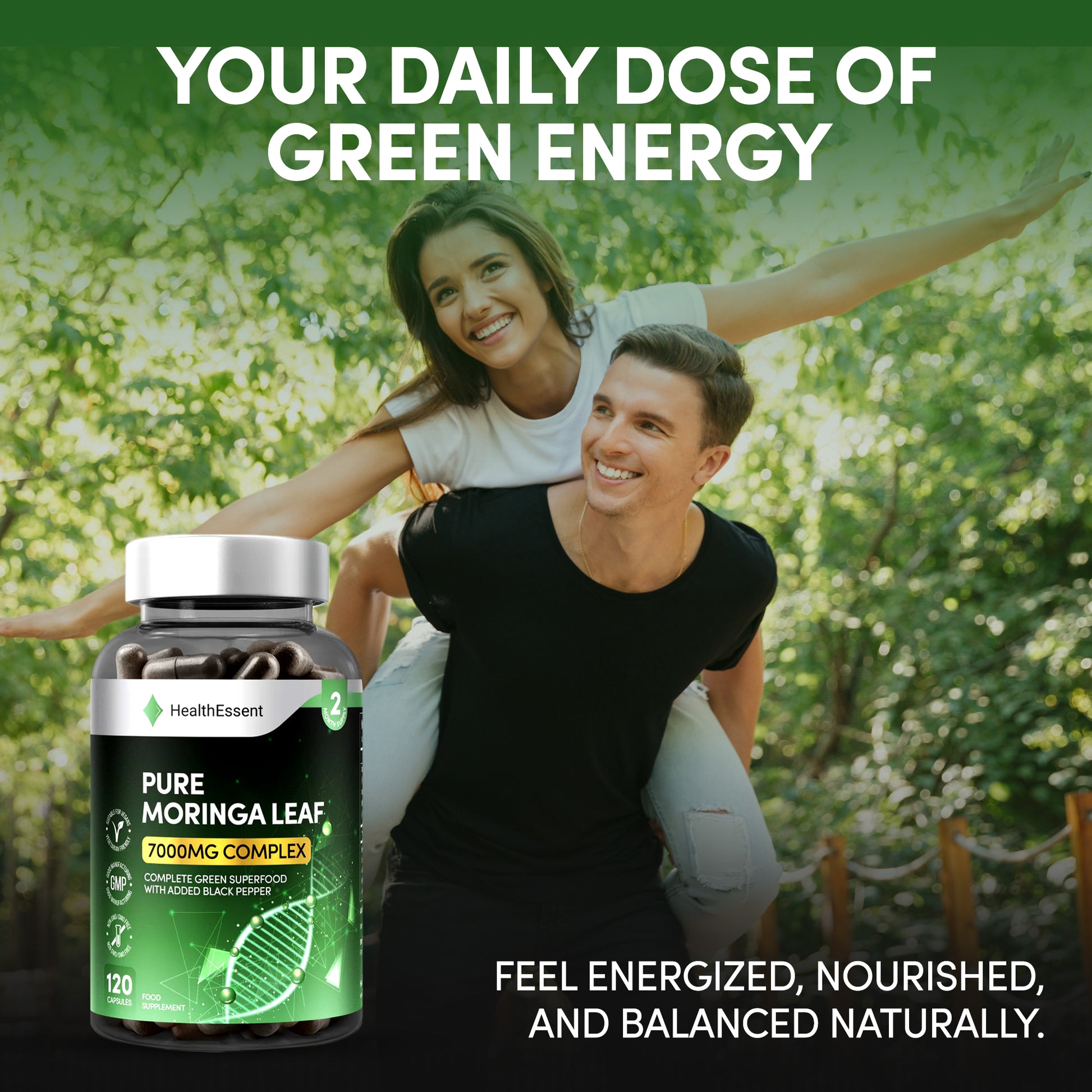 Moringa nutritional comparison infographic: 7x more vitamin C than oranges, 4x more calcium than milk, 4x more vitamin A than carrots, all 9 essential amino acids