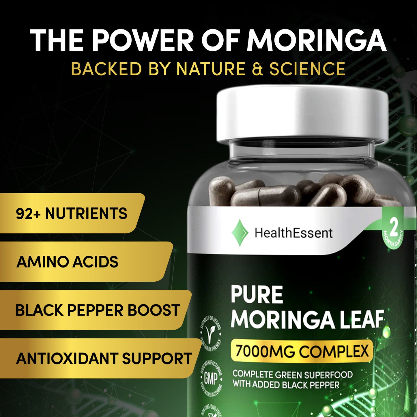 Moringa Leaf 7000mg Complex bottle displayed with fresh moringa leaves and black peppercorns showing natural ingredient sources