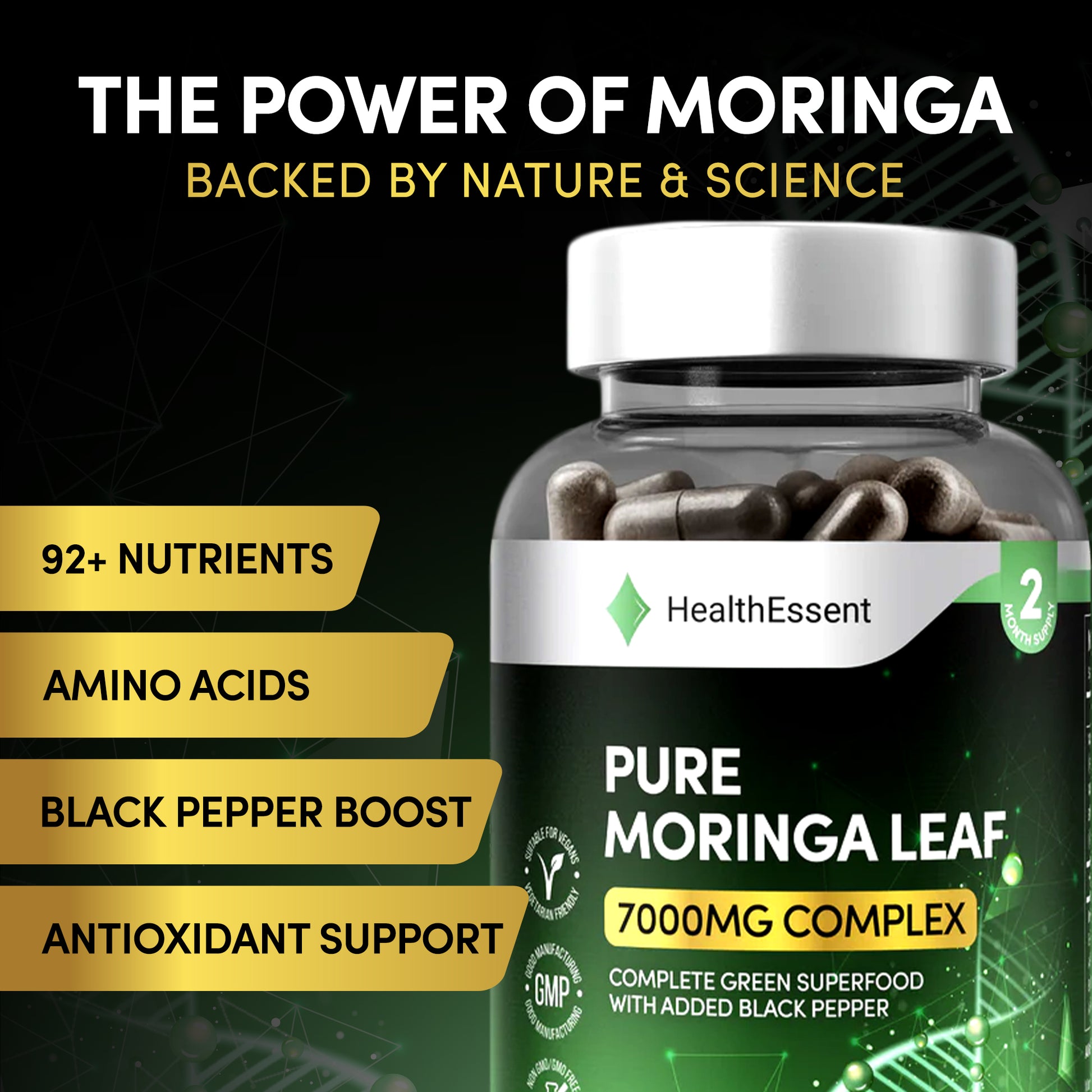 Moringa Leaf 7000mg Complex bottle displayed with fresh moringa leaves and black peppercorns showing natural ingredient sources