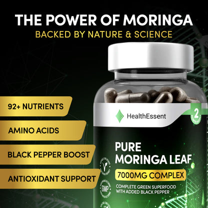 Moringa Leaf 7000mg Complex bottle displayed with fresh moringa leaves and black peppercorns showing natural ingredient sources