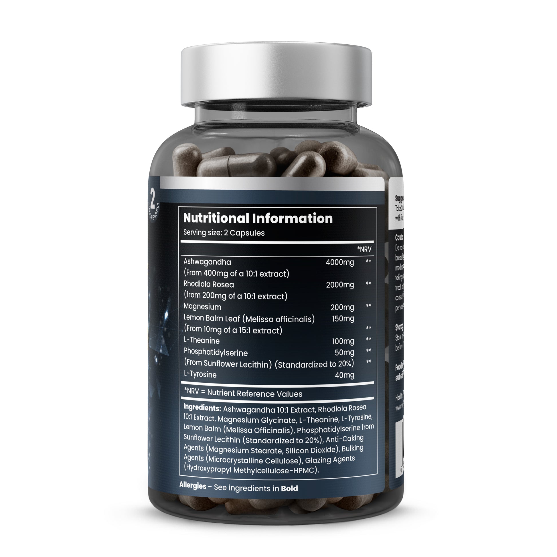 Close-up of CortiSolve Balance nutritional information panel showing precise dosages: Ashwagandha 10:1 extract, Rhodiola 10:1 extract, Magnesium glycinate, Lemon Balm 15:1 extract, L-Theanine, Phosphatidylserine 20%, L-Tyrosine with serving size and NRV percentages