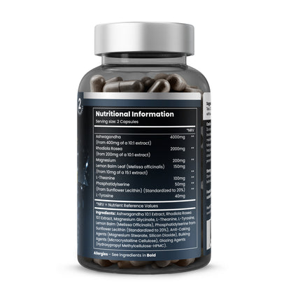 Close-up of CortiSolve Balance nutritional information panel showing precise dosages: Ashwagandha 10:1 extract, Rhodiola 10:1 extract, Magnesium glycinate, Lemon Balm 15:1 extract, L-Theanine, Phosphatidylserine 20%, L-Tyrosine with serving size and NRV percentages