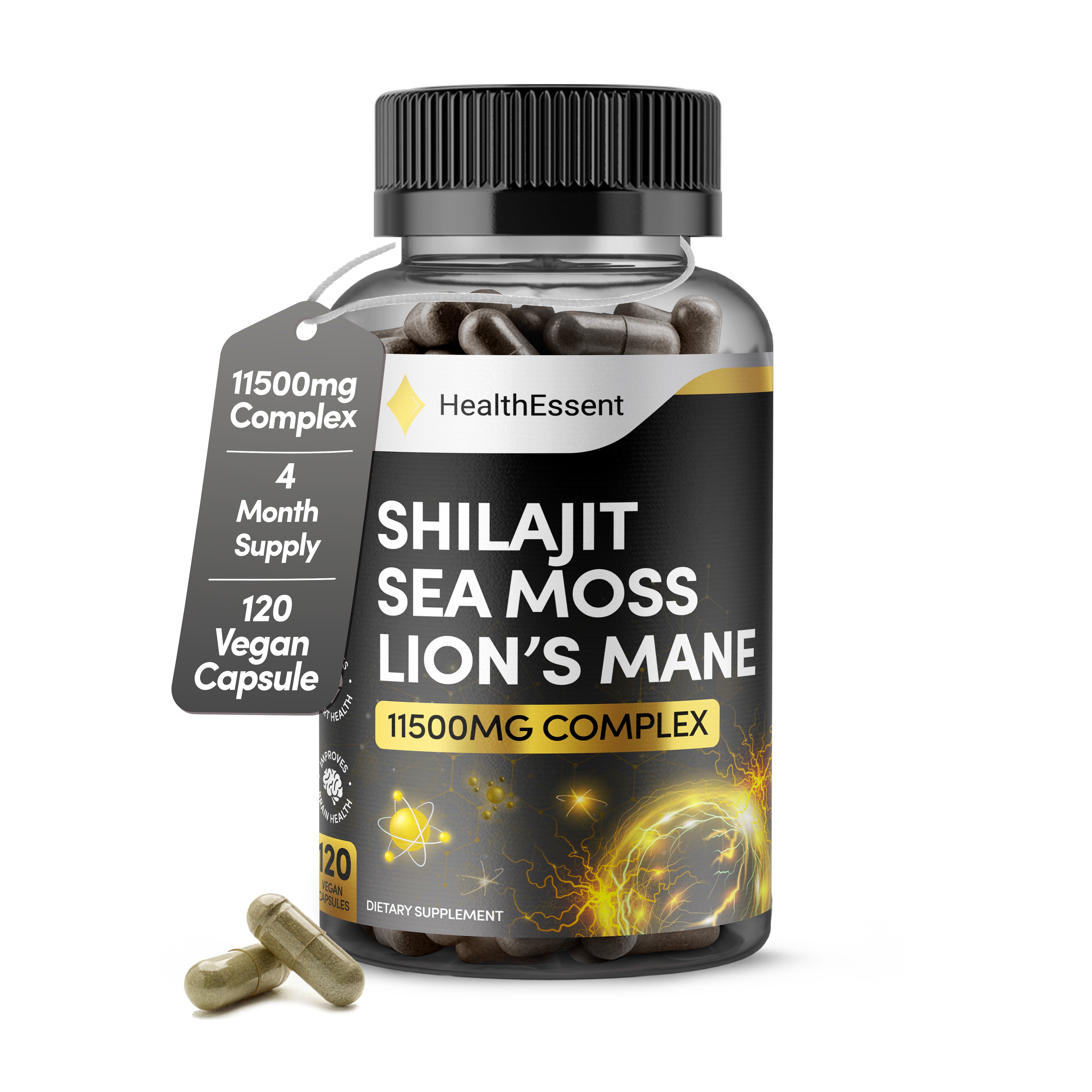 Shilajit Seamoss and Lions Mane Capsules, 11500mg High Strength Adaptogen Complex, with Added Ashwagandha KSM 66 and Black Pepper for Energy, Immunity & Brain - 120 Vegan Capsules by HealthEssent