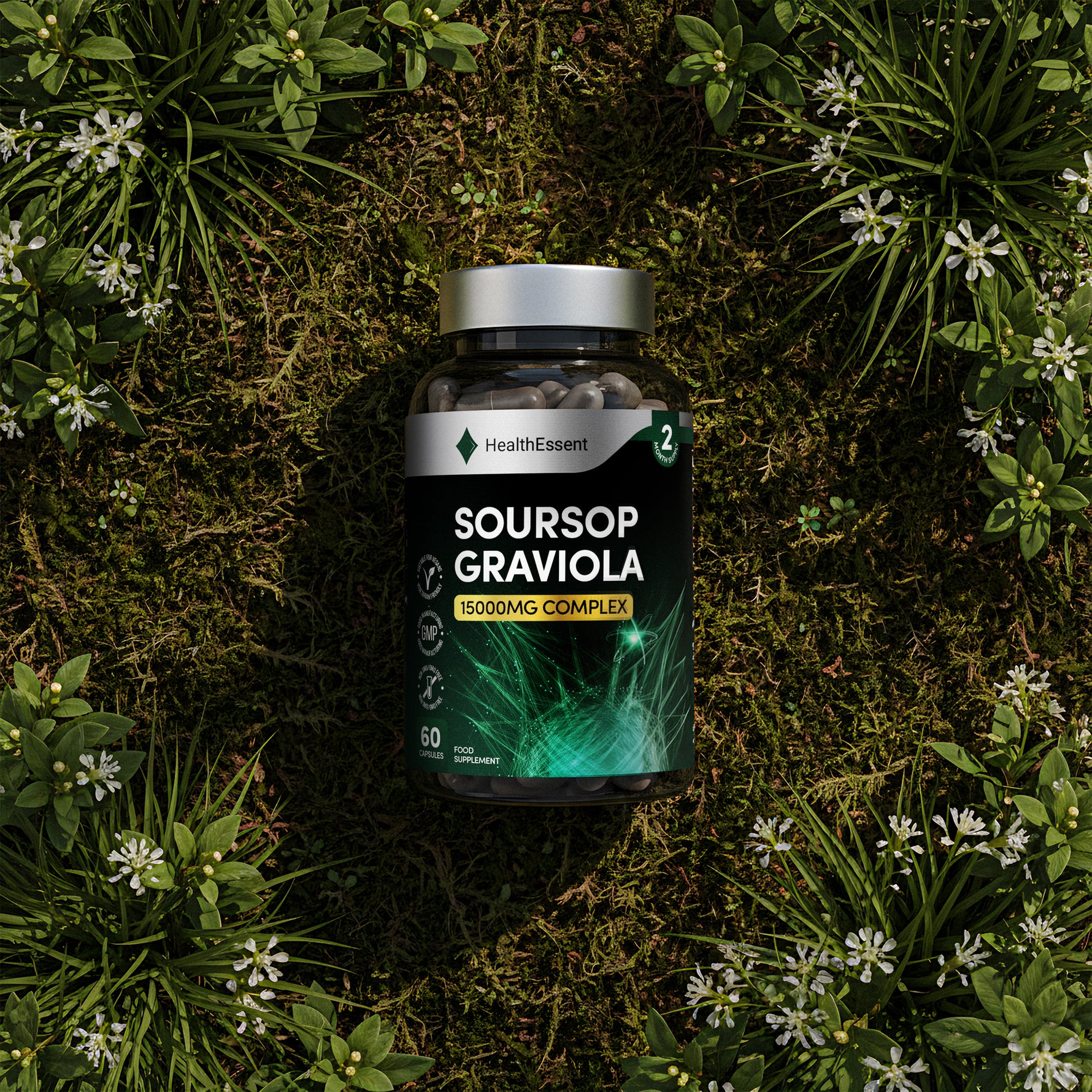 HealthEssent Soursop Graviola with fresh Annona muricata fruit - premium tropical superfruit rich in acetogenins, concentrated 30:1 extract for cellular and immune support