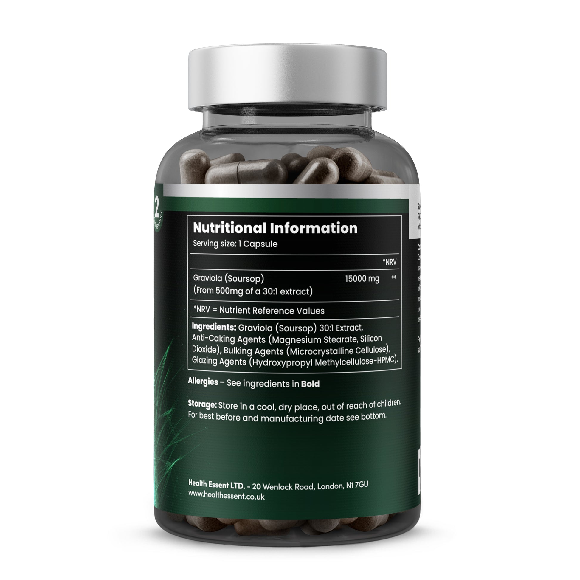 Soursop Graviola nutritional information panel showing 15000mg equivalent from 500mg of 30:1 extract per capsule, vegan capsule ingredients, premium quality concentrated graviola