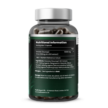 Soursop Graviola nutritional information panel showing 15000mg equivalent from 500mg of 30:1 extract per capsule, vegan capsule ingredients, premium quality concentrated graviola