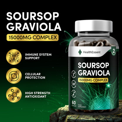 Premium cellular support with HealthEssent Soursop Graviola - highest 30:1 concentrated extract, 15000mg equivalent potency, rich in acetogenins for immune and antioxidant benefits