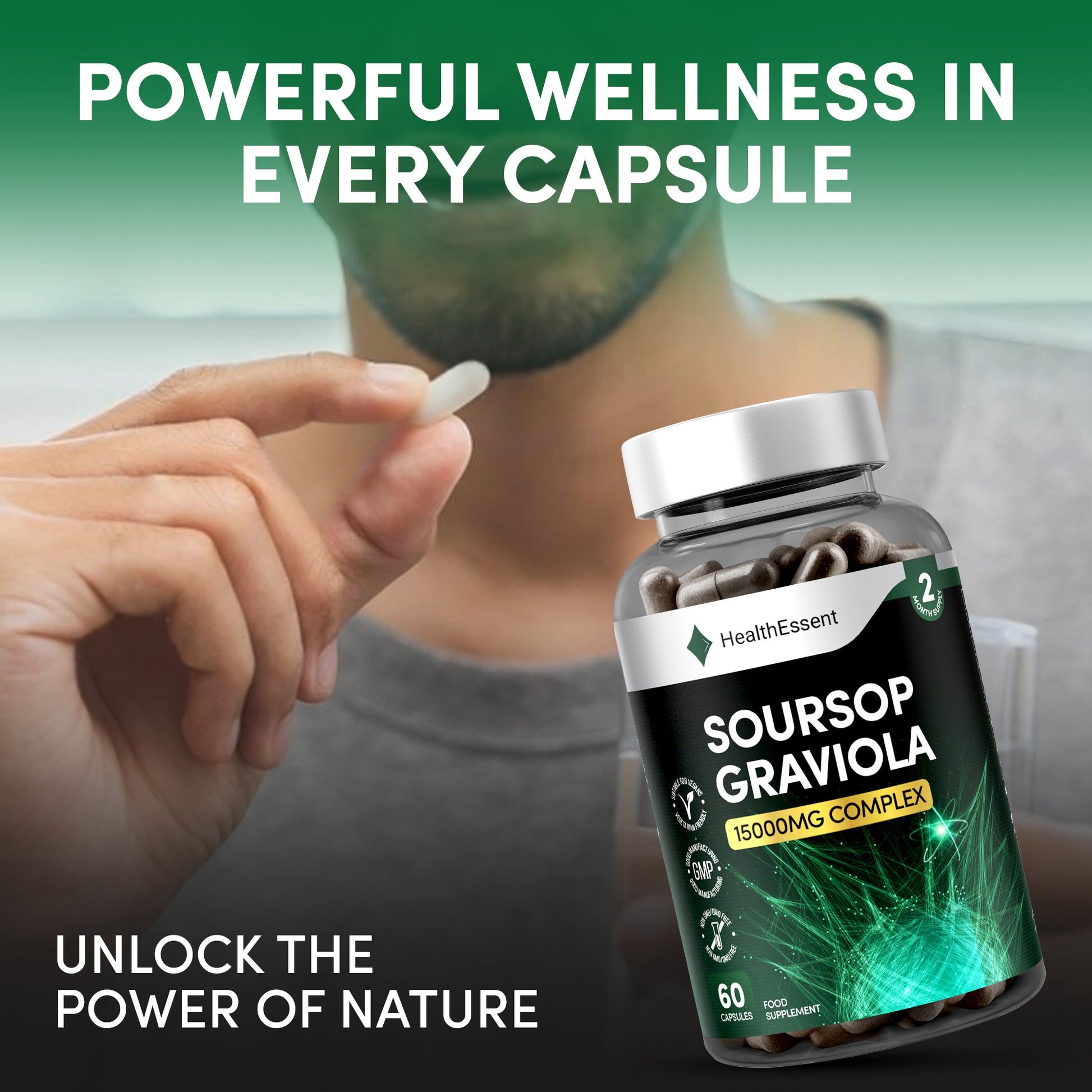 Hands holding HealthEssent Soursop Graviola supplement bottle - premium 30:1 concentrated extract with highest acetogenin content for natural health support