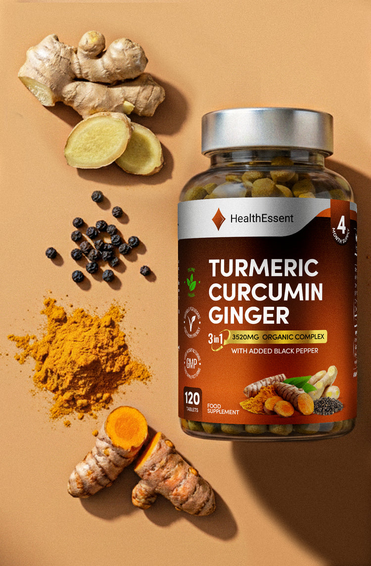HealthEssent Turmeric Curcumin Ginger supplement with fresh organic ingredients - raw turmeric root, ginger root, black peppercorns, and turmeric powder showcasing natural botanical sources