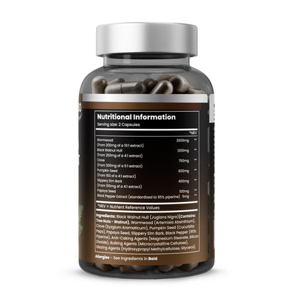 Wormwood Black Walnut Clove supplement usage instructions - take 2 capsules daily, use for up to 15 days followed by 2-week break, GMP certified, vegan capsules, contains tree nuts warning