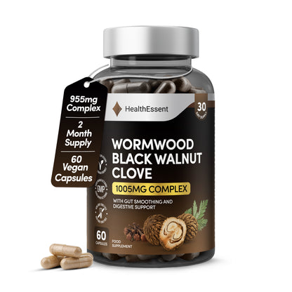 HealthEssent Wormwood Black Walnut Clove supplement bottle - 6-in-1 complex with 1005mg formula including pumpkin seed, papaya seed, slippery elm bark, 60 vegan capsules, 30-day supply for digestive support