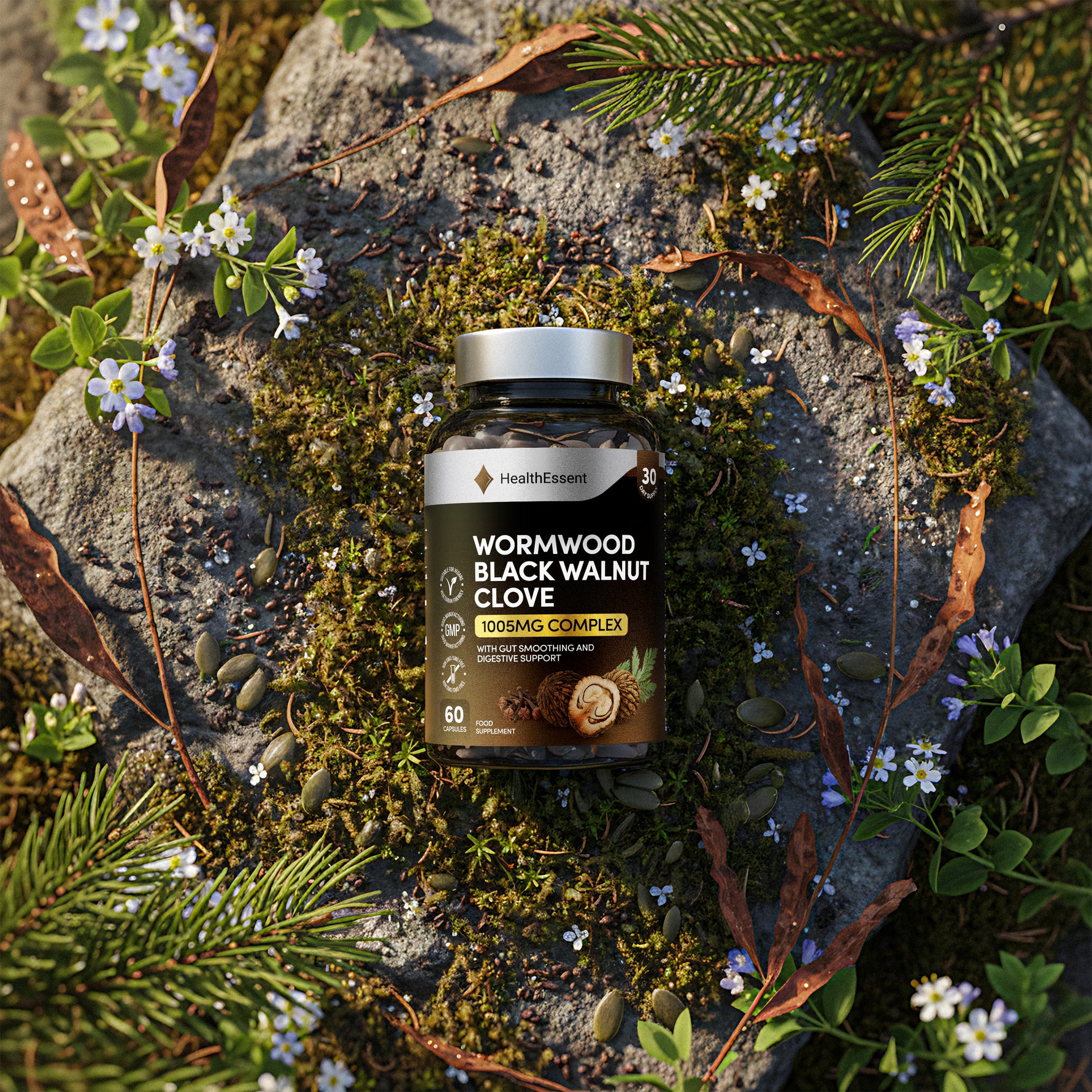 HealthEssent Wormwood Black Walnut Clove supplement with natural ingredients - fresh wormwood leaves, black walnut hulls, whole cloves, pumpkin seeds, papaya seeds, slippery elm bark showcasing traditional herbal botanicals