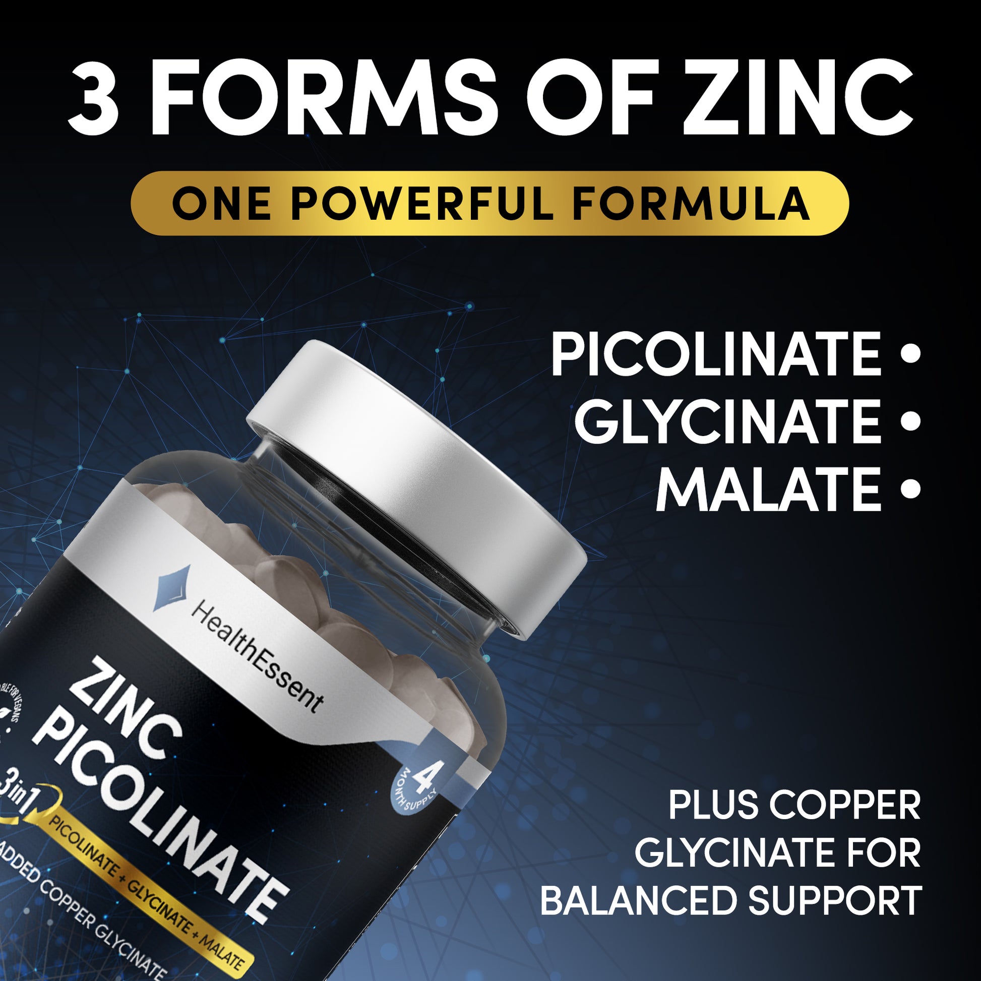 Zinc-copper balance infographic showing optimal 10:1 ratio - HealthEssent Zinc Picolinate with added copper glycinate prevents copper deficiency, supports 350+ enzyme systems for long-term health