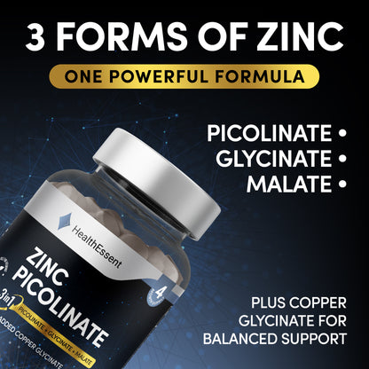 Zinc-copper balance infographic showing optimal 10:1 ratio - HealthEssent Zinc Picolinate with added copper glycinate prevents copper deficiency, supports 350+ enzyme systems for long-term health