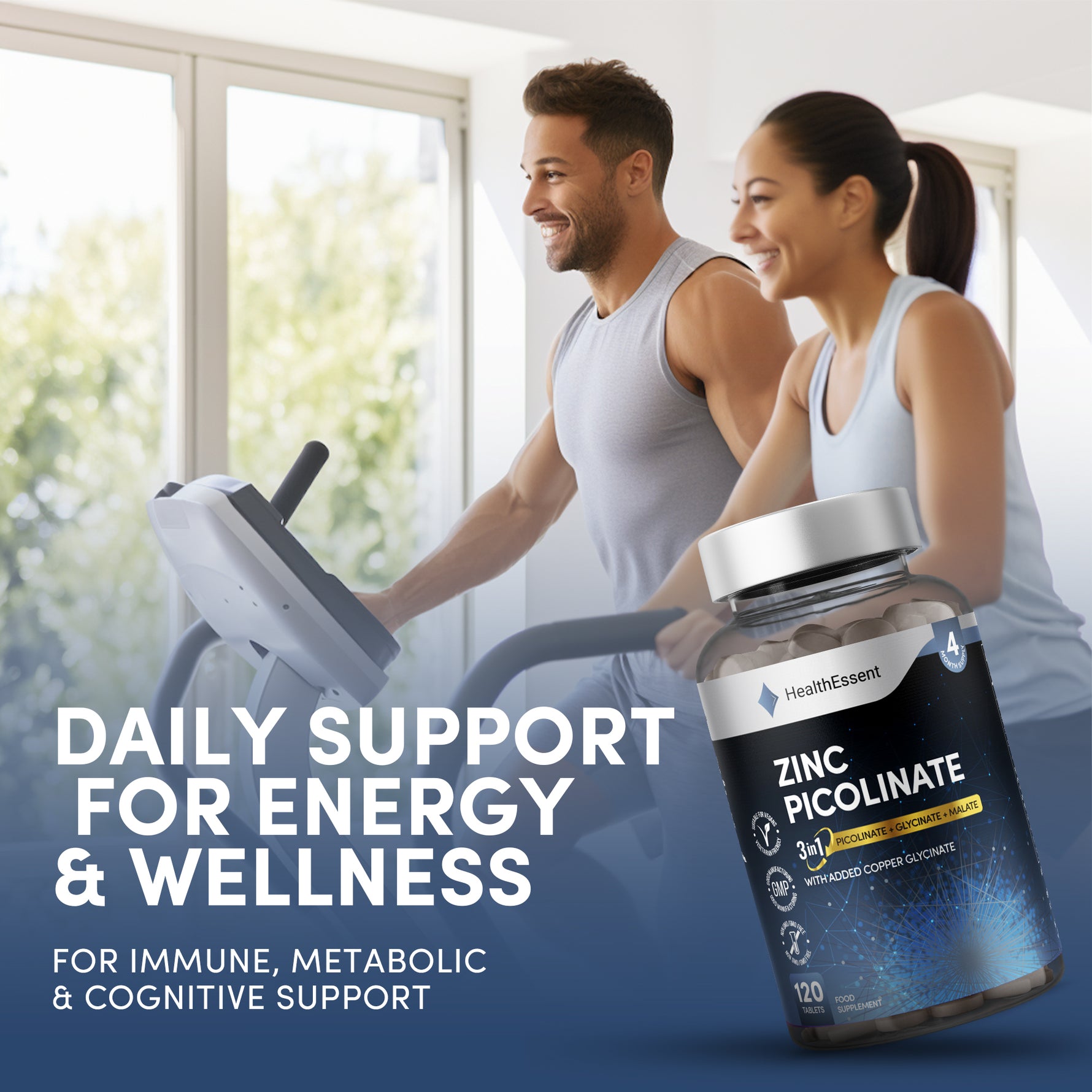 Person with clear healthy skin using HealthEssent Zinc Picolinate - supports collagen synthesis, wound healing, and skin barrier function with 20mg bioavailable zinc