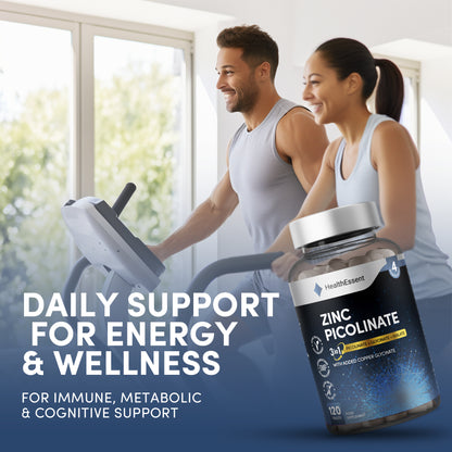 Person with clear healthy skin using HealthEssent Zinc Picolinate - supports collagen synthesis, wound healing, and skin barrier function with 20mg bioavailable zinc