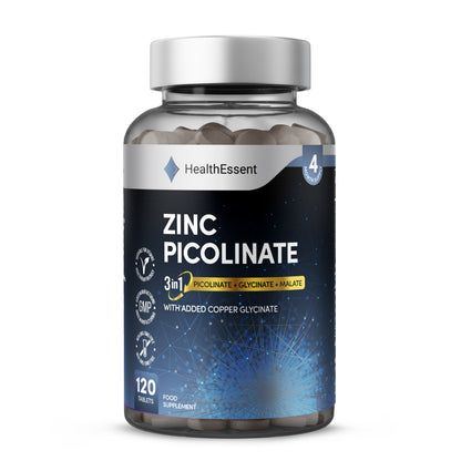 HealthEssent Zinc Picolinate supplement bottle - 20mg 3-in-1 complex with zinc picolinate, glycinate, and malate plus copper glycinate, 120 vegan tablets, 4-month supply for immune support, skin health, and hormone balance