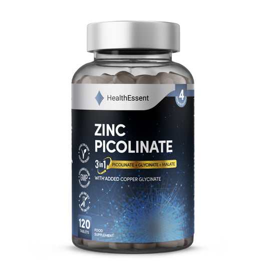 HealthEssent Zinc Picolinate supplement bottle - 20mg 3-in-1 complex with zinc picolinate, glycinate, and malate plus copper glycinate, 120 vegan tablets, 4-month supply for immune support, skin health, and hormone balance