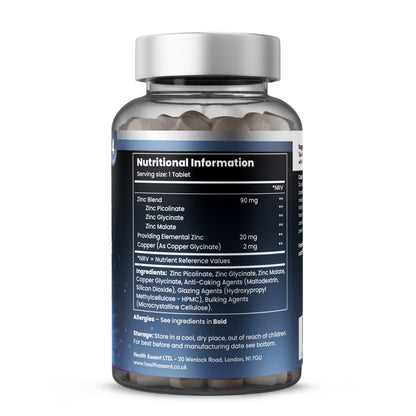 Zinc Picolinate supplement usage instructions - take 1 tablet daily with food, GMP certified, suitable for vegans, high absorption 3-in-1 formula with copper for optimal mineral balance